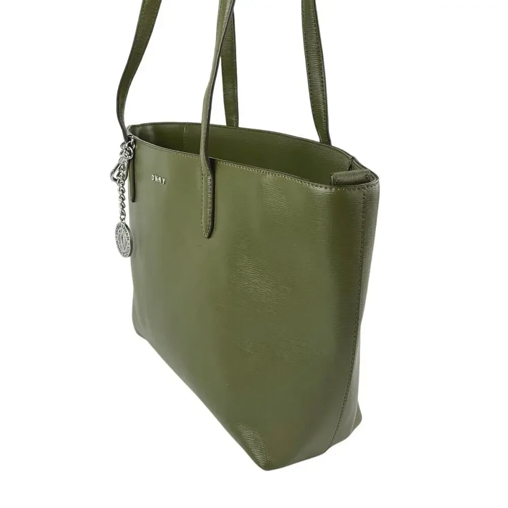 NEW DKNY Green Bryant Medium Leather Logo Keychain Shoulder Tote Handbag
